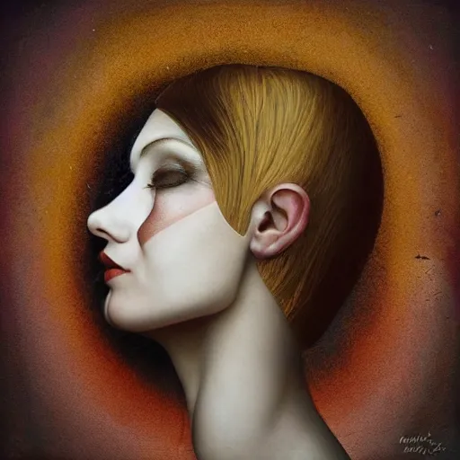 Image similar to A beautiful mixed mediart of a person in profile, with their features appearing both in front of and behind their head. niello inlay by Lori Earley, by Tom Bagshaw, by Franco Fontana distorted