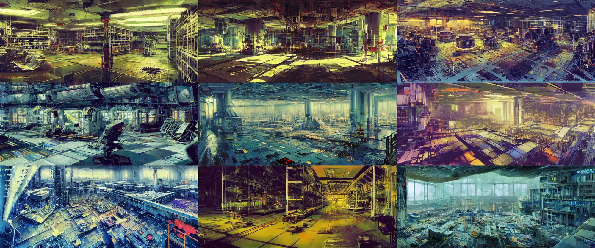 Prompt: Colorful, creepy John Berkey landscape painting of detailed interior of giant scientific research facility LABO, area N, nuclear reactor, floor B2, anime key visual by Craig Mullins