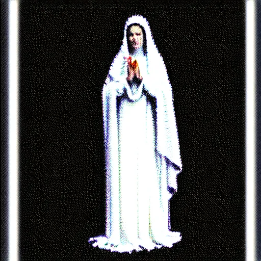 Image similar to vhs static overlay of marian apparition, vhs, 1 9 9 0, highly realistic, highly detailed, vhs noise static, black and white, vhs glitch