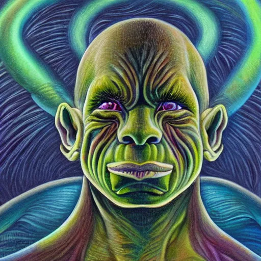 Image similar to a painting of a goblin orc in the style of alex grey, portrait, foggy, hazy, dull colors, detailed,