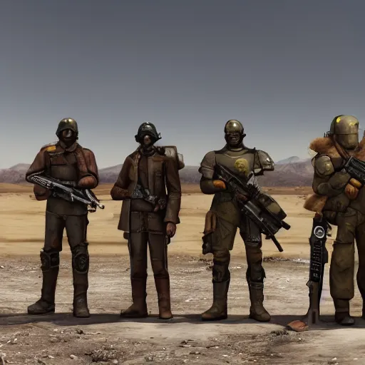 Image similar to cinematic shot of a group of fallout NCR soldiers holding rifles standing outside of a gas station in the desert, 8k, dslr, depth of field,