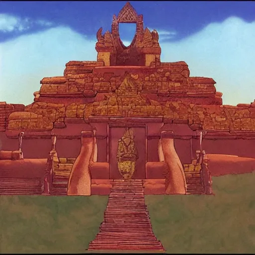 Prompt: desert khmer temple, legend of zelda windwalker landscape, flying mythical beasts, by Roger Dean and by Moebius