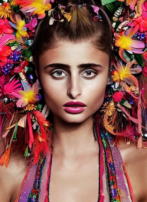 Image similar to beautiful portrait render of Taylor Hill wearing fantastic dress in the VICTORIA'S SECRET fashion show,embellished beaded feather decorative fringe knots ,colorful pigtail,subtropical flowers and plants,perfect symmetrica body shape,symmetrical face,intricate,elegant,highly detailed,8k,post-processing,digital painting,trending on pinterest,harper's bazaar,concept art, sharp focus, illustration, by artgerm,Tom Bagshaw,Lawrence Alma-Tadema,greg rutkowski,golden ratio