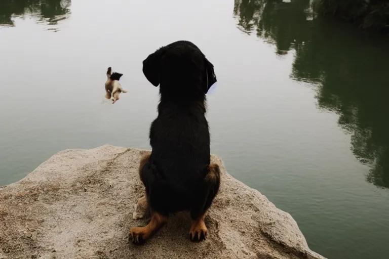 Image similar to an afraid puppy that is looking directly down at the water below while standing at an edge