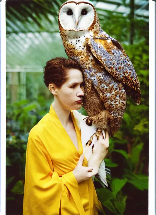 Image similar to grainy head to shoulder portrait Polaroid film photograph of an elegant top model wearing a yellow kimono with a very detailed barn owl on her shoulder!!! in a tropical greenhouse. looking at the camera!!. super resolution. Extremely detailed. Polaroid 600 film. art by Rineke Dijkstra.