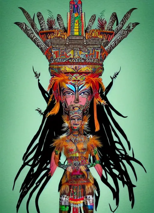 Image similar to character design, full body view, head to feet view, beautiful aztec warrior, muse goddess, crown of very long quetzal feathers, glowing aztec tattoos, pretty, dark fantasy