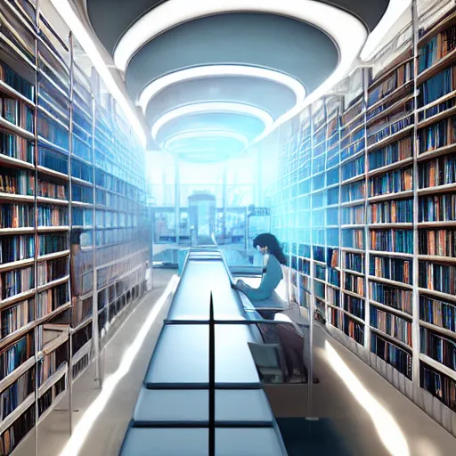 Prompt: peaceful futuristic library with social spaces, concept art, matte painting