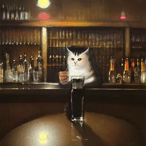 Image similar to of a british longhair cat sitting at the bar next to a beer, by greg rutkowski