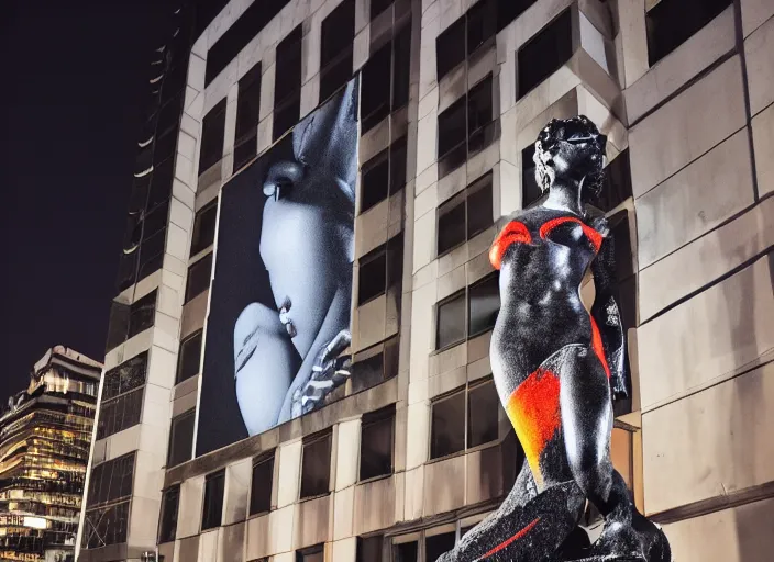 Image similar to night time photo of billboard advertisement of extremely beautiful female black marble statue in the style of virgil abloh, colorful motocross logos behind her, sharp focus, clear, detailed,, cinematic, detailed, off white, glamourous, symmetrical, vogue, editorial, fashion, magazine shoot, glossy