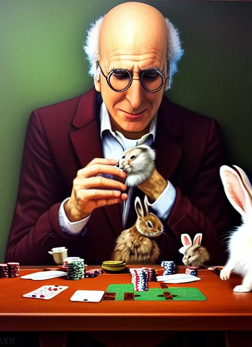 Prompt: hyper detailed 3d render like a Oil painting - larry david playing poker with a bunny by Jacek Yerka, Mariusz Lewandowski, Houdini algorithmic generative render, Abstract brush strokes, Masterpiece, Edward Hopper and James Gilleard, Zdzislaw Beksinski, Mark Ryden, Wolfgang Lettl, hints of Yayoi Kasuma, octane render, 8k