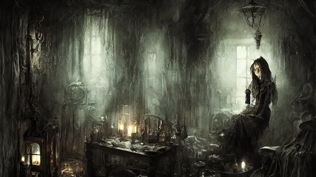 Image similar to a witch sitting in the shadows on the inside of a dark cottage at night, highly detailed interior, by Bastien LeCouffe-Deharme, hyperrealistic