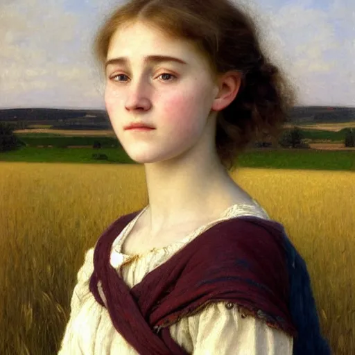 Image similar to a detailed, intricate oil painting portrait of a ukrainian peasant girl who resembles a teenage saoirse ronan and emma watson, in a field of grain, by william adolphe bougereau, john williams waterhouse, and donato giancola