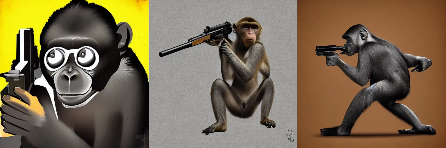 Prompt: digital art, monkey with a shotgun