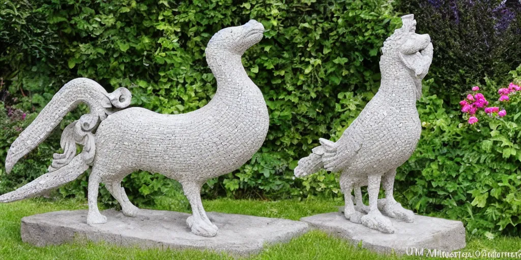 Prompt: extremely detailed carved concrete statue, pebble mosaic, of a griffin, in an english cottage style flower garden