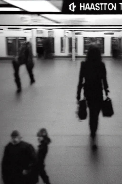 Image similar to ominous grainy surveillance photo still of scary monster in style of silent hill, gantz, junji ito, inside toronto subway