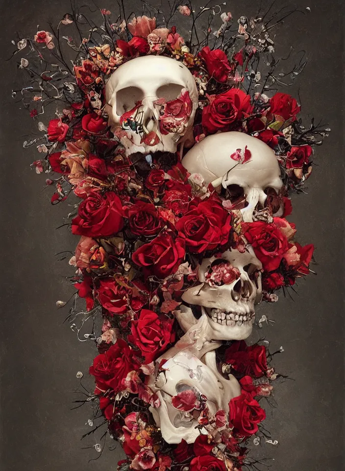 Image similar to transparent woman in a mask of a bird\'s skull with a wreath of roses, dressed in a dress of red boiling liquid wax, from under which the bones of the skeleton are visible, flying around the bird, buds and rose petals, dark background, painted by Caravaggio, Greg rutkowski, Sachin Teng, Thomas Kindkade, Alphonse Mucha, Norman Rockwell, Tom Bagshaw.