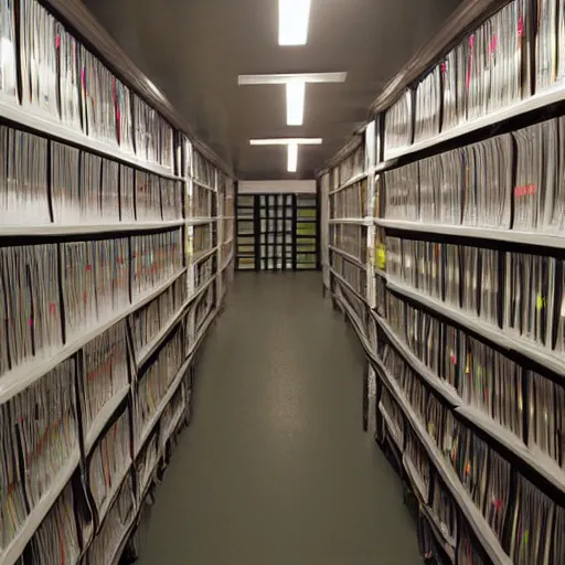 Prompt: audio archive storage room brightly lit with high shelves full of audio tapes