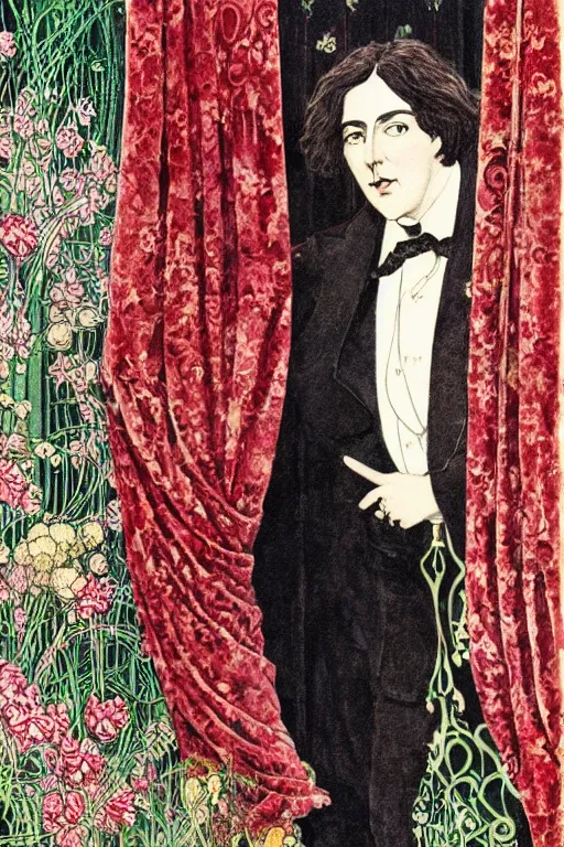 Prompt: realistic portrait of oscar wilde in the center of an ornate red velvet curtain frame with flowers growing, detailed art by kay nielsen and walter crane, illustration style, watercolor