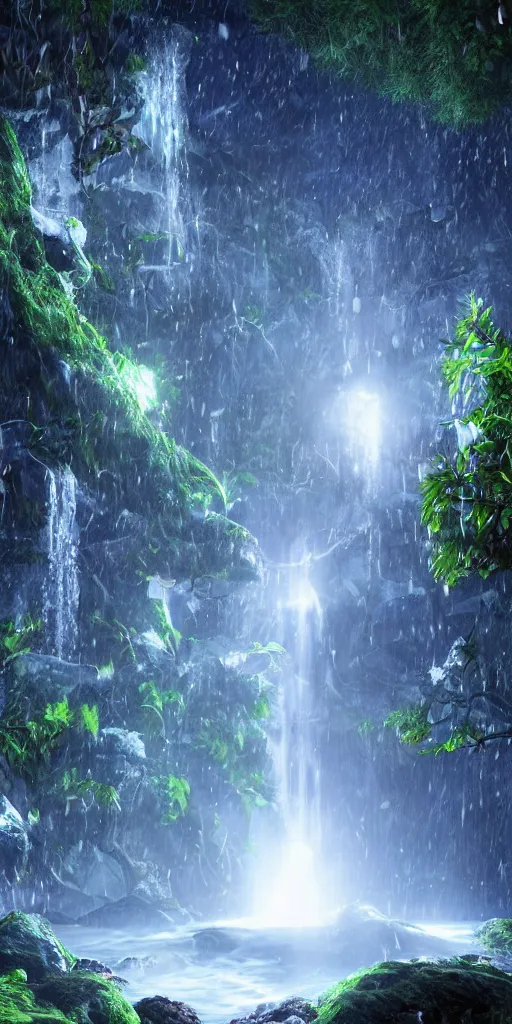 Prompt: photorealistic full shot of Groot under waterfall at moonlight, snowing, lightning bolt, green color palette, high detail, unreal engine 4k volumetric light, fog,