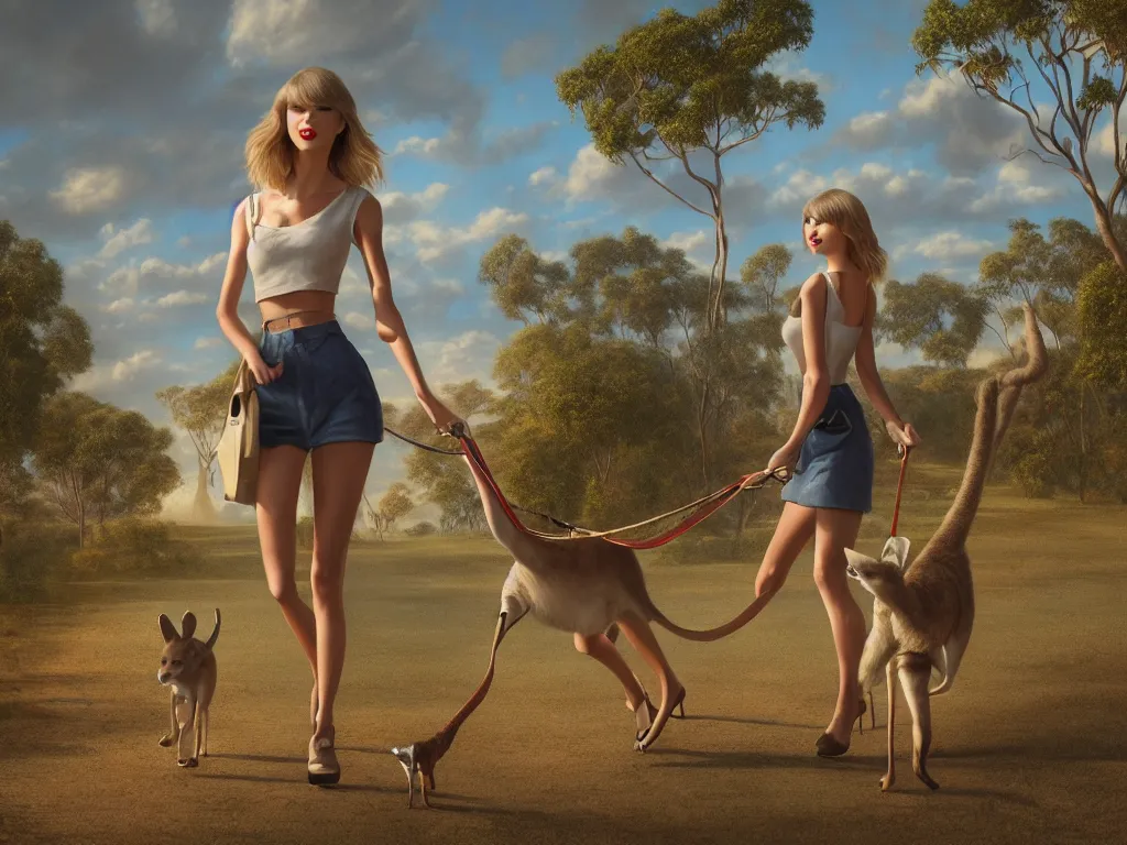 Image similar to taylor swift walking a kangaroo in the style of michael cheval, 4 k, hyper detailed, trending on artstation, photorealistic, volumetric lighting, octane render,