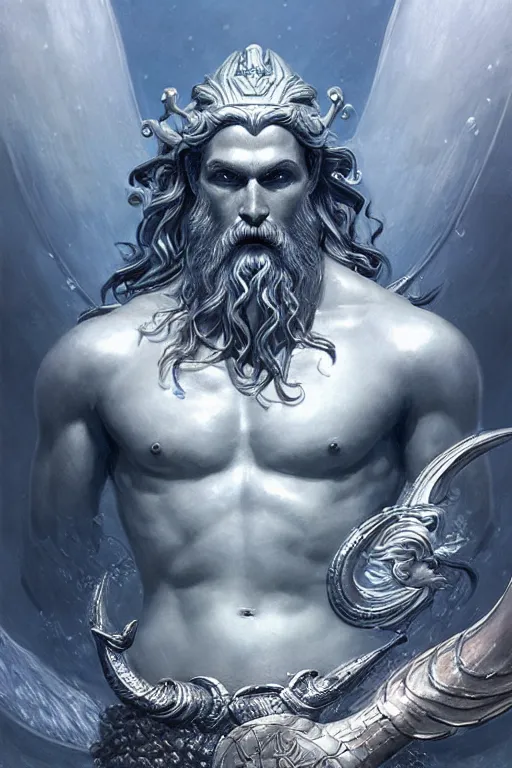 Image similar to poseidon humanoid god of the sea, trident, highly detailed, d & d, fantasy, highly detailed, digital painting, trending on artstation, concept art, sharp focus, illustration, art by artgerm and greg rutkowski and magali villeneuve