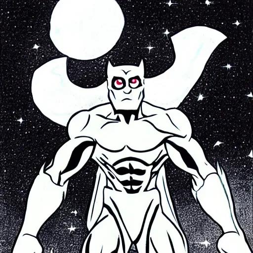 Prompt: comic White Lantern in black and white uniform in space standing infront of the moon,