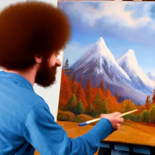 Image similar to a closeup photorealistic photograph of bob ross working on a canvas painting of cookie monster. film still. brightly lit scene. mountains and trees. this 4 k hd image is trending on artstation, featured on behance, well - rendered, extra crisp, features intricate detail, epic composition and the style of unreal engine.