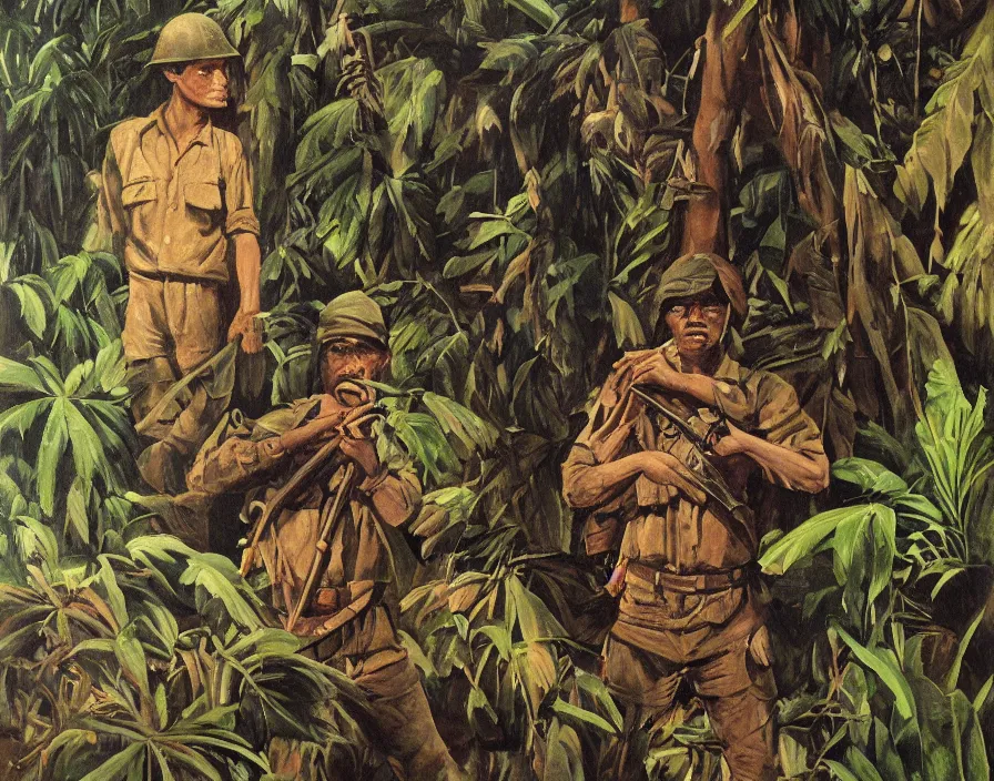 Prompt: the portrait of a communist guerrilla waiting in the dark cervices to ambush, tropical jungle warfare during the Malayan Emergency 1950, masterpiece of social realist oil painting by Chua Mia Tee, British Pathe archive, National War Museum, Nanyang Arts Equator art movement, realistic, cinematic, 8k resolution, intricate jungle.