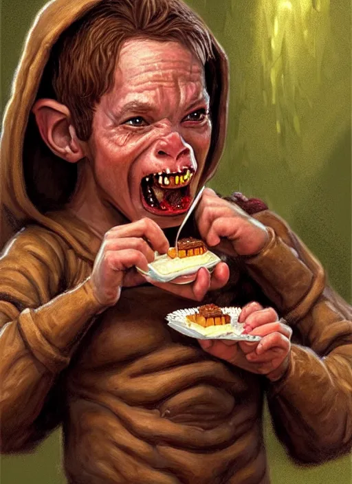 Image similar to portrait of a tiny hobgoblin eating cakes in the cloisters, beautiful face, hyper realistic, highly detailed digital painting by earl norem, artstation illustration