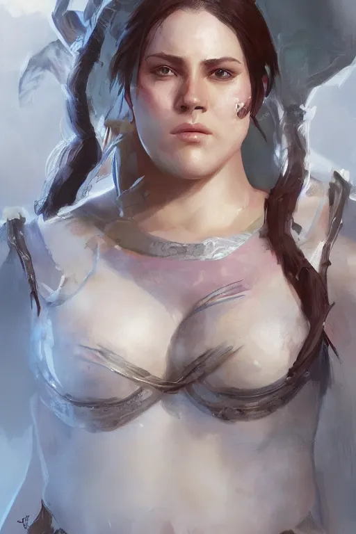 Image similar to portrait of a beautiful chonky young female warrior in the middle of a fight as drawn by eric anthony johnson ericanthonyj artstation artgerm greg rutkowski and magali villeneuve 8 k subsurface scattering, soft light