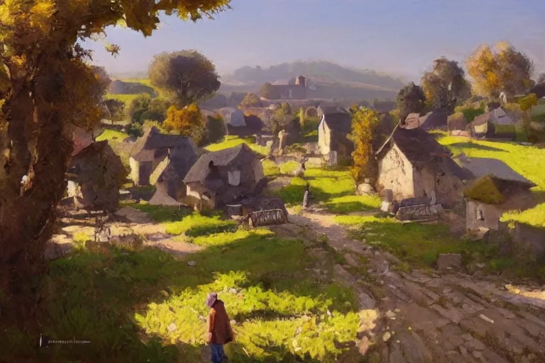 Image similar to a beautiful landscape of a tiny futuristic village in the french countryside during spring season, painting by lorenzo lanfranconi hd, nice spring afternoon lighting, smooth tiny details, soft and clear shadows, low contrast, perfect