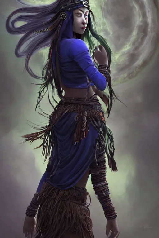 Prompt: Beautiful Young Female Shaman, shamanistic dark blue clothes, covered!, metal garments, dark brown skin, green supernatural eyes, back view, full body, extremely detailed!, high fantasy, matte painting, warcraft, by Rossdraws, James Jean, gerald brom, Andrey Ryabovichev, Mark Simonetti and Peter Morbacher, trending in artstation, artstationHD, artstationHQ, cgsociety, octane, 16K HD