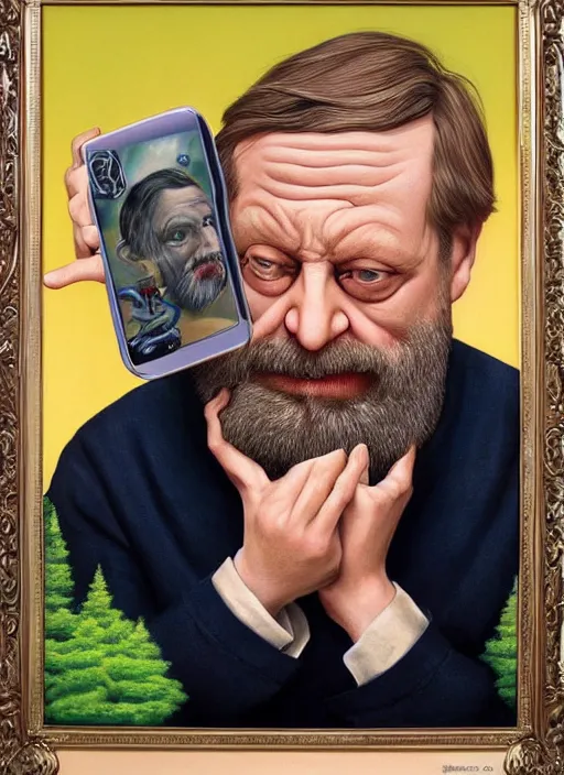 Image similar to Slavoj Zizek eating a smartphone Mark Ryden and Alex Gross, Todd Schorr highly detailed