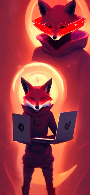 Image similar to a league of legends concept art of an anthropomorphic red fox in a black hoodie holding a portable computer, front view, hoodie with a hacker emblem, artstation, digital art, oc commission, style by jordan grimmer and greg rutkowski, 4 k resolution