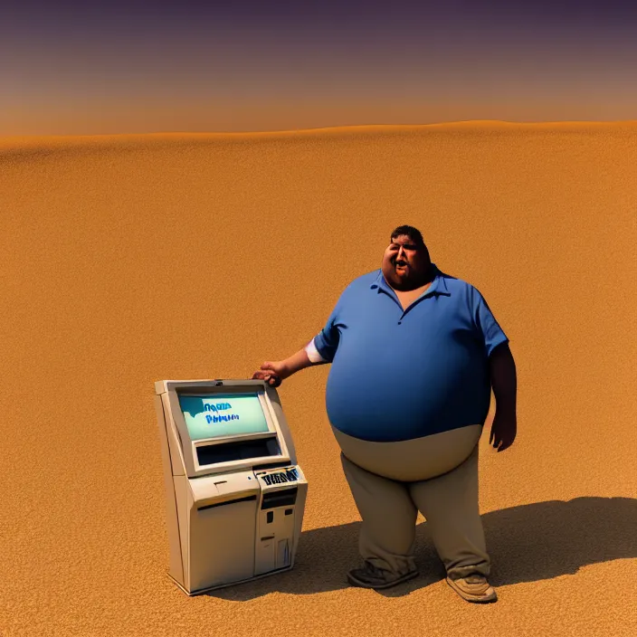 Image similar to hyperrealistic mixed media portrait of a moridly obese man using an ATM machine in the middle of a barren desert wasteland, despair, depressing and hopeless vibe, stunning 3d render inspired art by P. Craig Russell and Barry Windsor-Smith + perfect facial symmetry + dim volumetric lighting, 8k octane beautifully detailed render, post-processing, extremely hyperdetailed, epic composition, grim yet sparkling atmosphere, cinematic lighting + masterpiece, trending on artstation