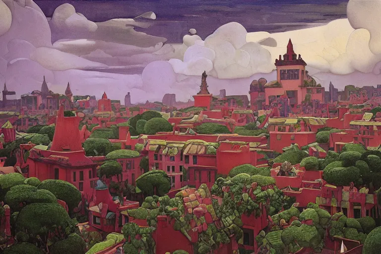 Image similar to view of the old grey city and its gardens after a storm, tall windows lit up, beautiful ornamental architecture, dramatic cinematic lighting, rich colors, by Nicholas Roerich and William Dyce and April Gornik and Sylvain Sarrailh and Ludwig Deutsch and Diego Rivera, featured on artstation