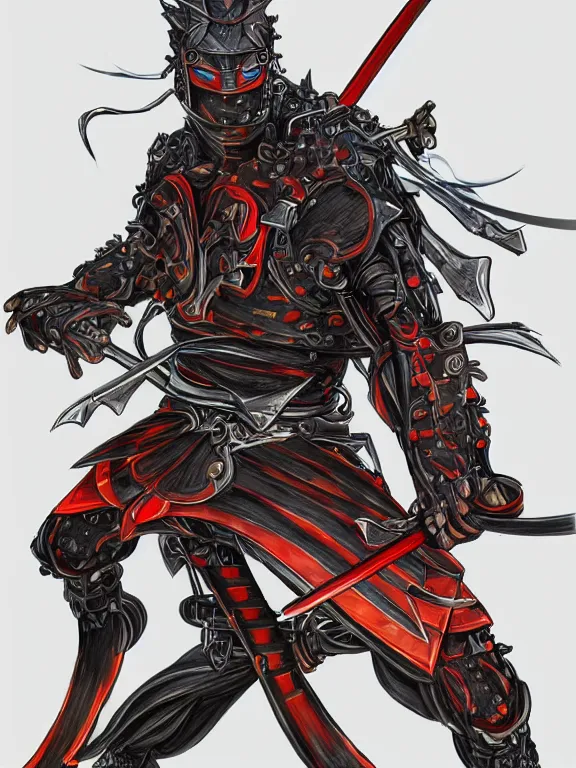 Prompt: full body front view portrait of natural, bio - mechanical ninja samurai, character design, correct anatomy, concept art, digital illustration, ray tracing, ultra detailed, fantasy, neon lighting, intricate and highly detailed, coloured with lots of colour, pose, fantasy, sharp focus,