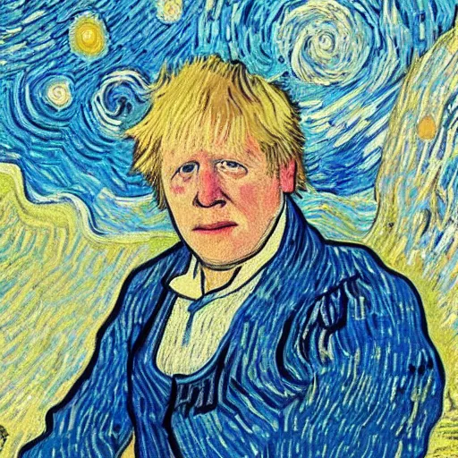 Prompt: detailed portrait of boris johnson as an 1890s peasant milkmaid sitting in her bedroom on a starry night painted by van gogh