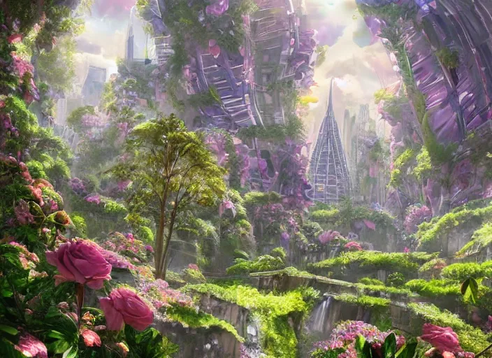 Prompt: shimmering crystal city made of diamond and rose quartz with gold decoration, sparkling in the sunlight, surrounded by lush flowers and green leaves. trending on artstation.