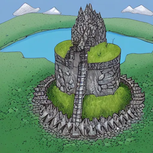 Image similar to Aerial view of a wizard tower next to a few mines and a few caves, lineart, colored