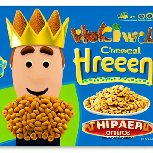 Prompt: cereal box with a wheat mascot wearing a crown