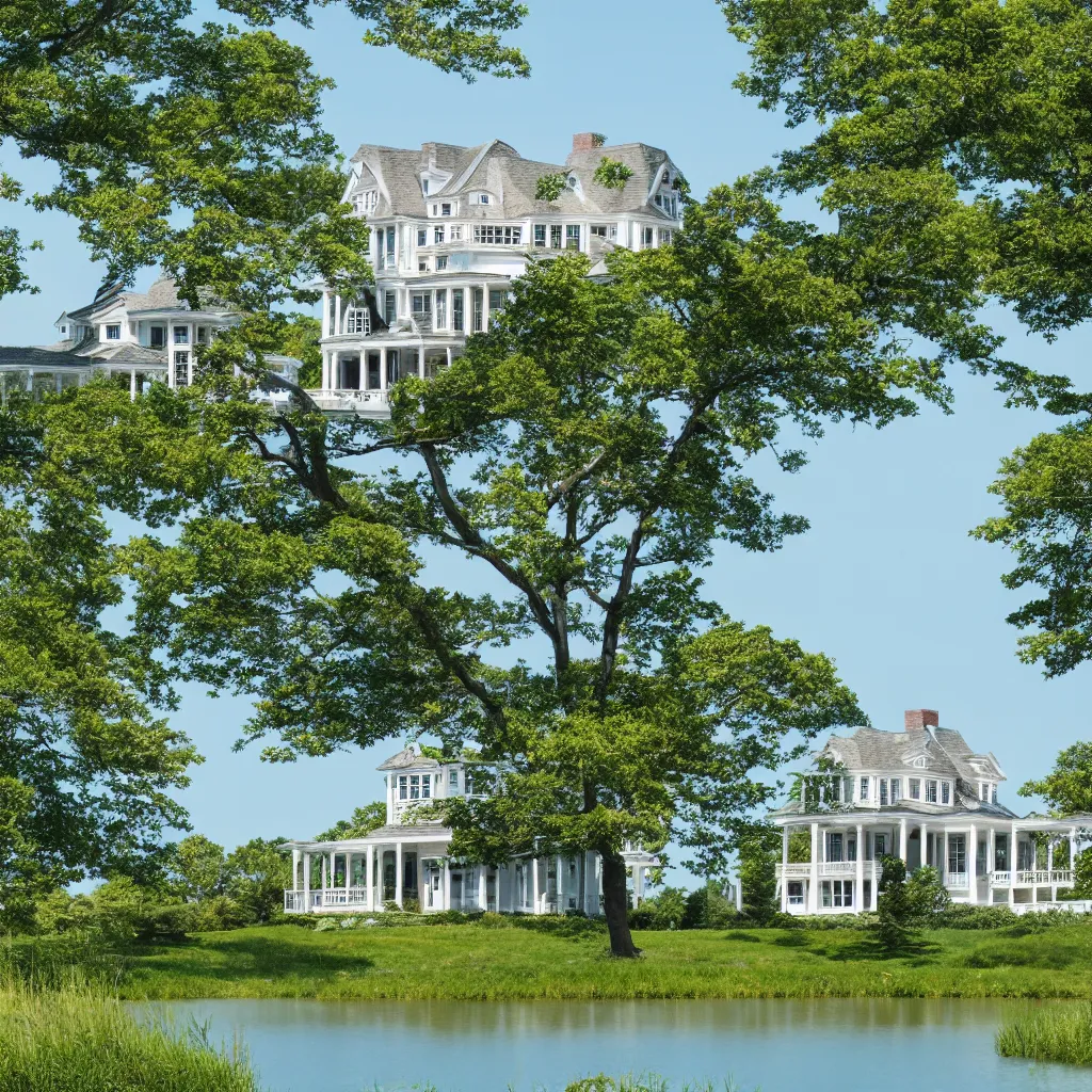 Prompt: hamptons mansion, cape cod architecture, trees and lake, photorealistic, high quality 8 k,