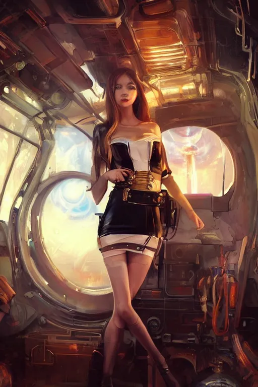 Prompt: digital art of a beautiful girl wearing a leather mini skirt in a steampunk spaceship, expressive oil painting, by wlop, by artgerm, by dan mumford, anime style, octane render, full body shot