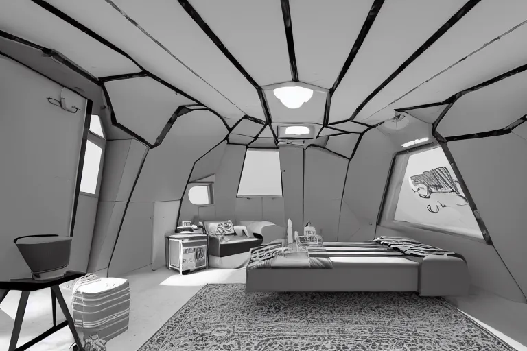 Image similar to small single bedroom quarters inside 1960s rocket ship with gray metallic factory engine walls, details, sharp focus, intricate, high definition, retro, sci-fi, digital Art, 3D, realistic photograph,