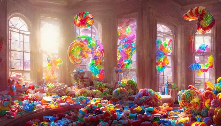 Prompt: house full of candies, sunlight through windows, hyperdetailed, artstation, cgsociety, 8 k