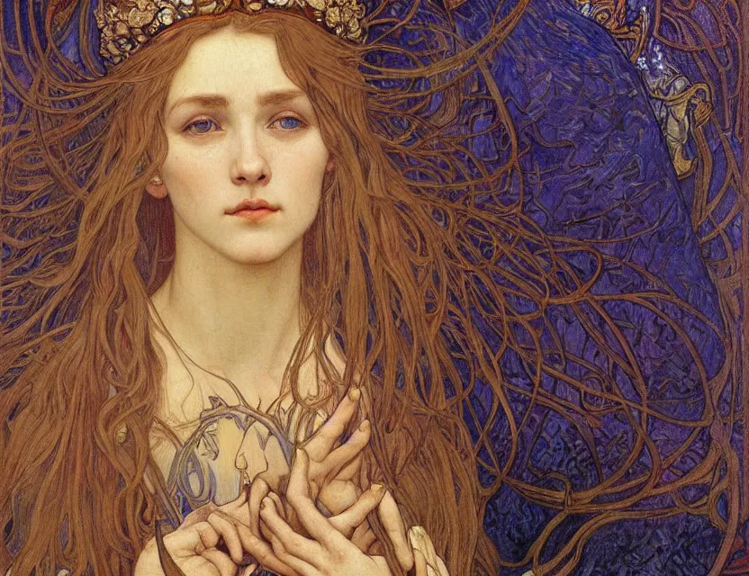 Image similar to detailed realistic beautiful young medieval queen face portrait by jean delville, alphonse mucha, vincent van gogh, and marco mazzoni, art nouveau, symbolist, visionary, gothic, pre - raphaelite