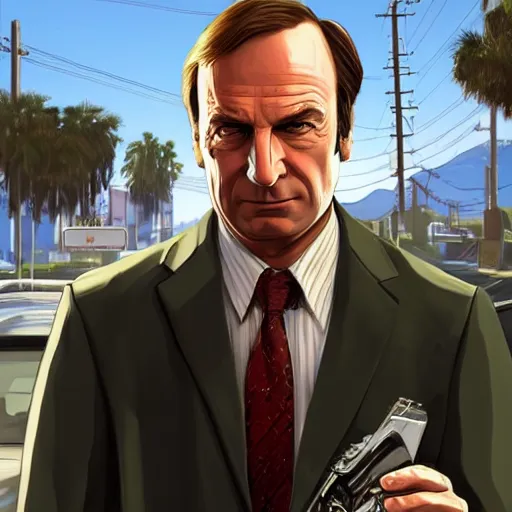 Prompt: saul goodman in GTA V, cover art by stephen Bliss, artstation, no text