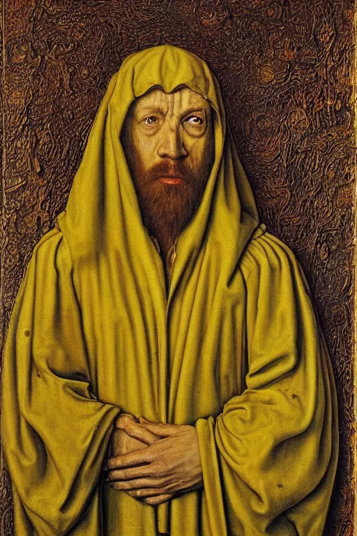 Prompt: portrait of hastur king in yellow, oil painting by jan van eyck, northern renaissance art, oil on canvas, wet - on - wet technique, realistic, expressive emotions, intricate textures, illusionistic detail