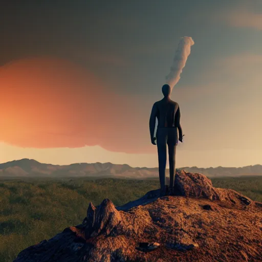 Image similar to a mannequin standing in a hill with a nuclear detonation in the background, 3 d render, octane, ray tracing, ultra detailed, photorealistic, ultra high resolution, 8 k, night time