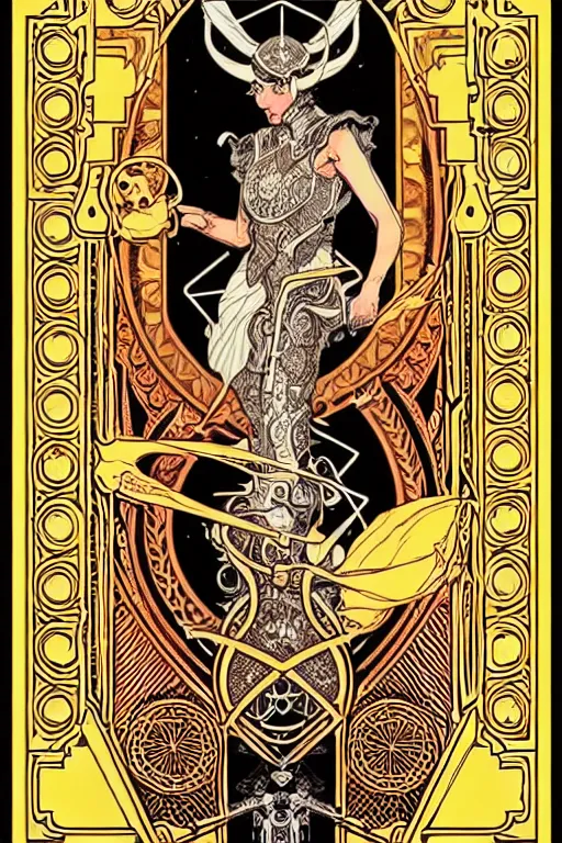 Prompt: concept art design illustration, vertical symmetric tarot card intricate filigree borders!!, 1 6 colors, logo, ink drawing, art by jc leyendecker and sachin teng